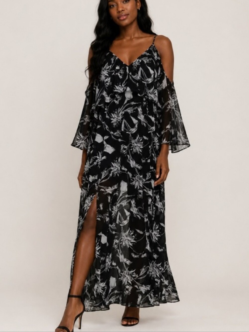 White House Black Market Cold Shoulder Floral Maxi In Black And Ecru